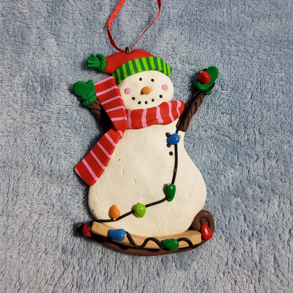 NEW Teresa Kogut Polymer Clay Snowman On Sled With Christmas Lights Ornament 4"